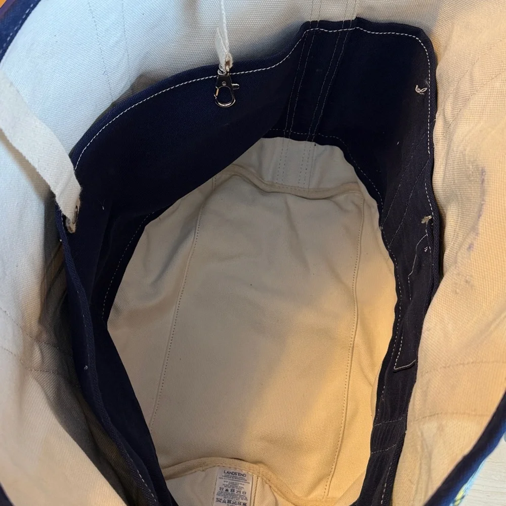 Lands End Plaid Blue Green White Large Size Bucket Tote Beach Travel Car Bag